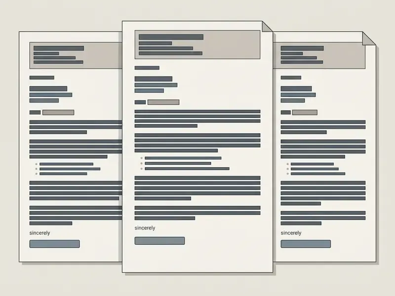 Three stacked documents featuring formal business letter formatting with placeholder text blocks