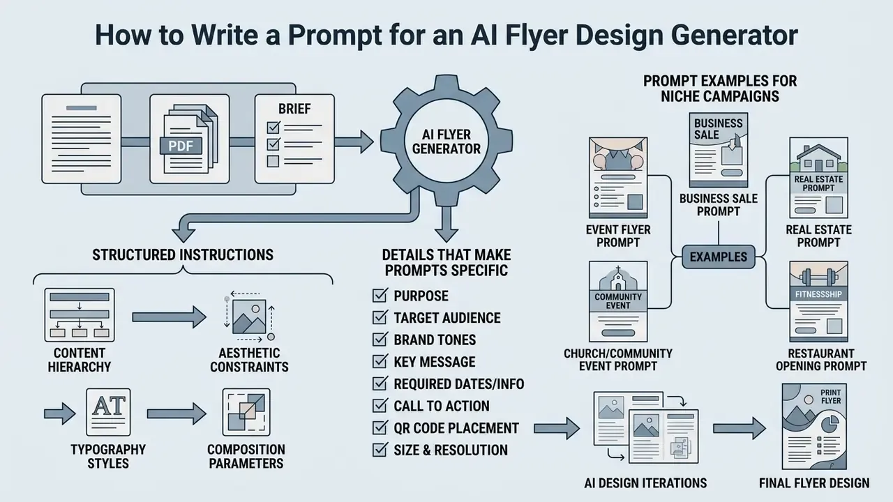 Step-by-step visual guide for crafting effective prompts to generate professional marketing flyers