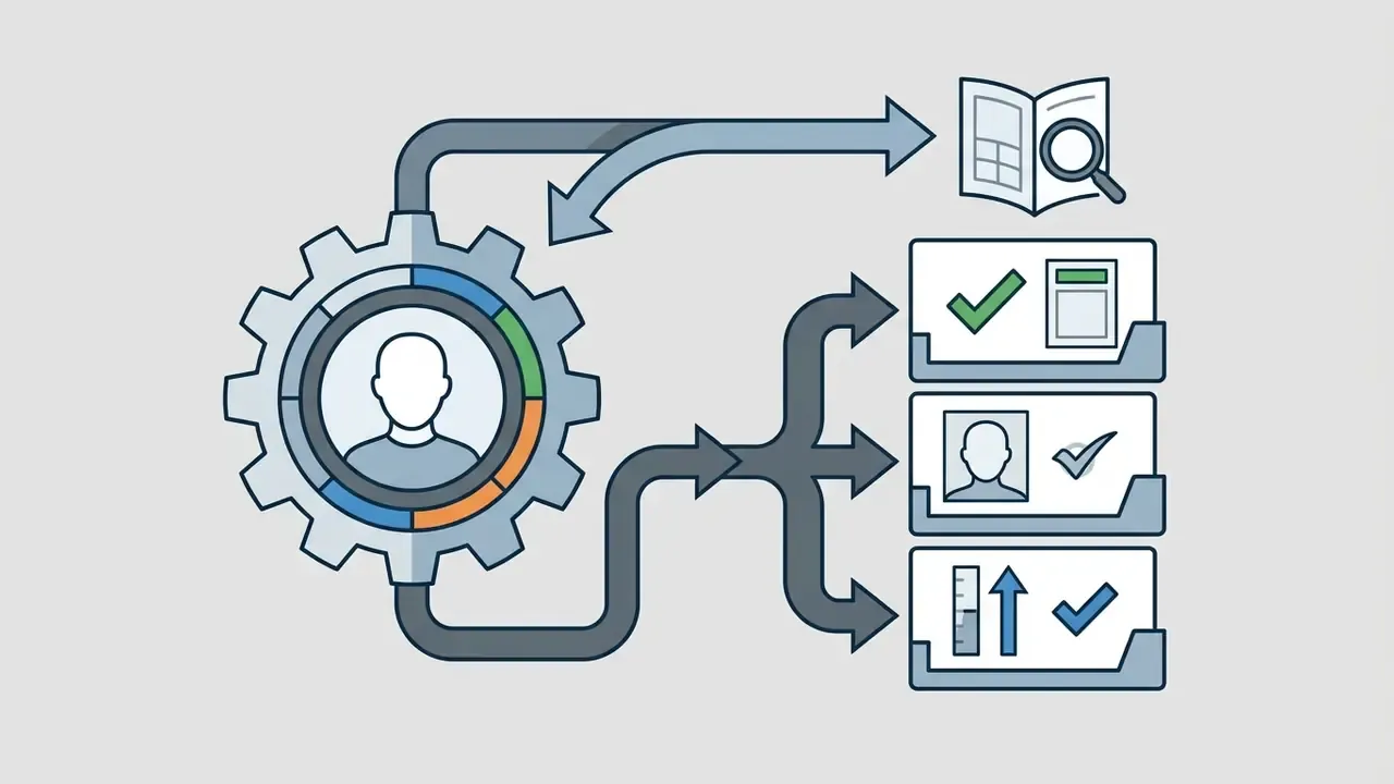 Gear mechanism with a central human icon feeding data into document panels with checkmarks and metrics