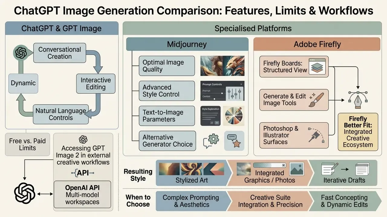 Comparative chart contrasting ChatGPT image workflows with Midjourney and Adobe Firefly capabilities