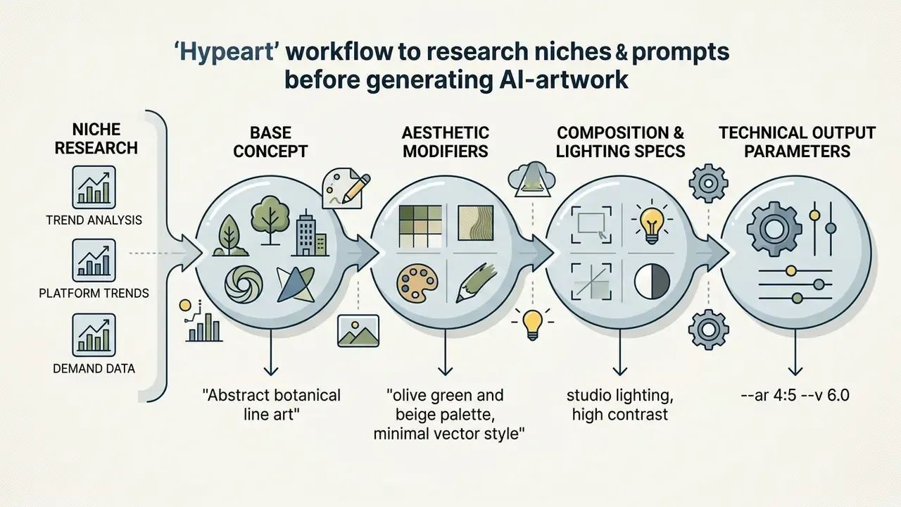 Step-by-step workflow diagram showing the progression from niche research to technical AI output parameters