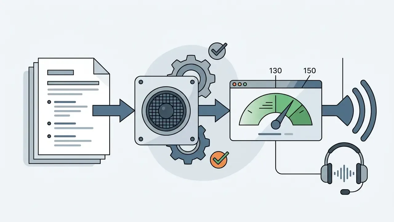Document text moving through a speaker processor to a speed gauge and out as broadcast audio