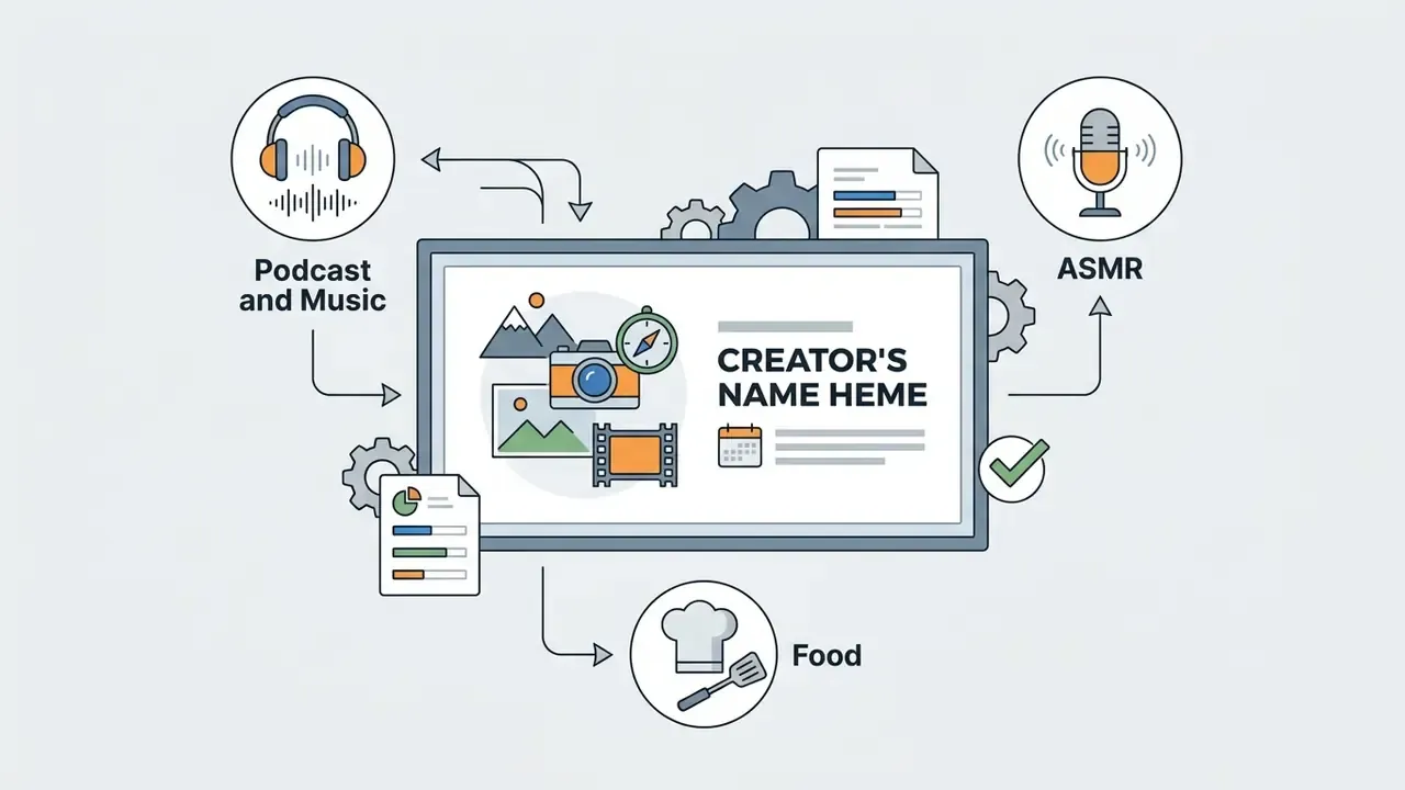 Central screen display surrounded by icons representing podcast, ASMR, and food channel themes