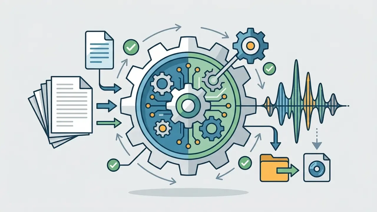 Documents feeding into a central gear mechanism that processes text data into an acoustic sound wave