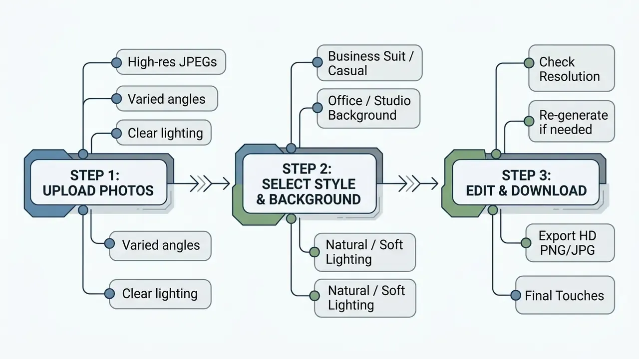Sequential process diagram outlining the three stages of using a realistic AI headshot generator
