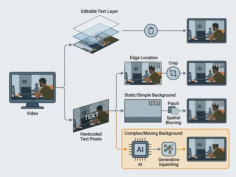 Flowchart showing methods to remove text from video including layer deletion, cropping, and AI inpainting