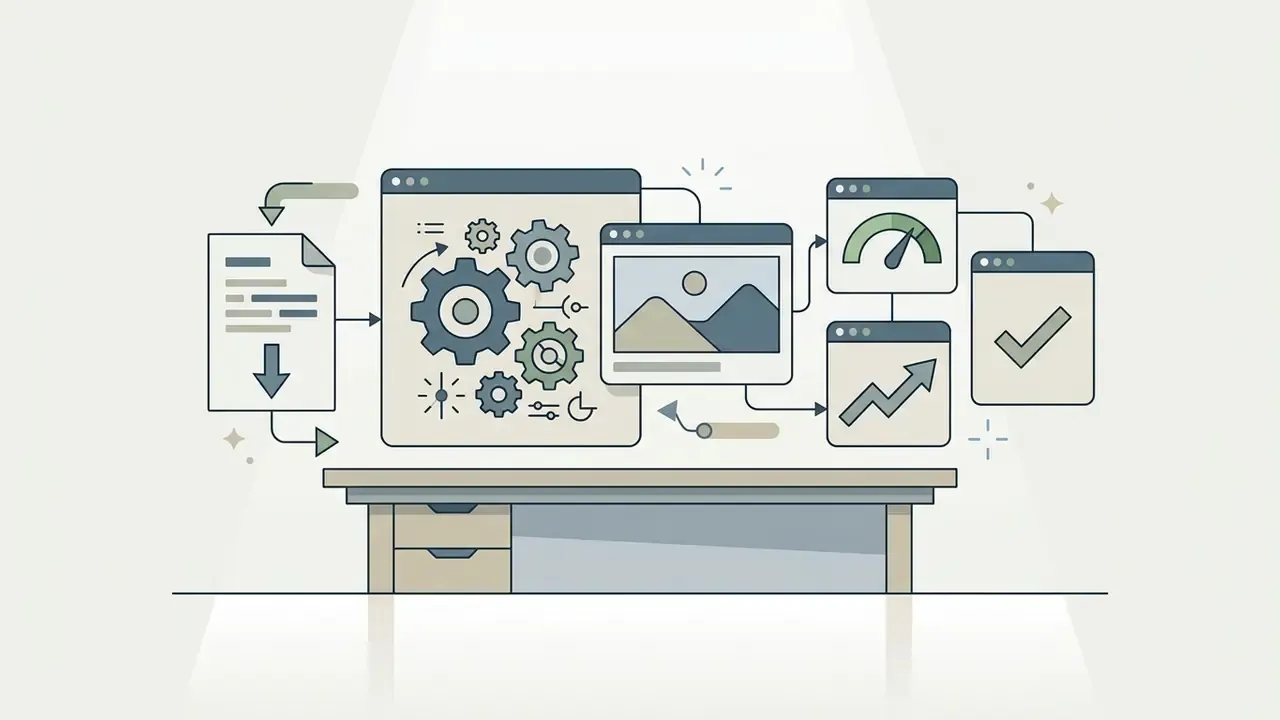 Document icon feeding into a gear system that outputs images, performance metrics, and checkmark icons