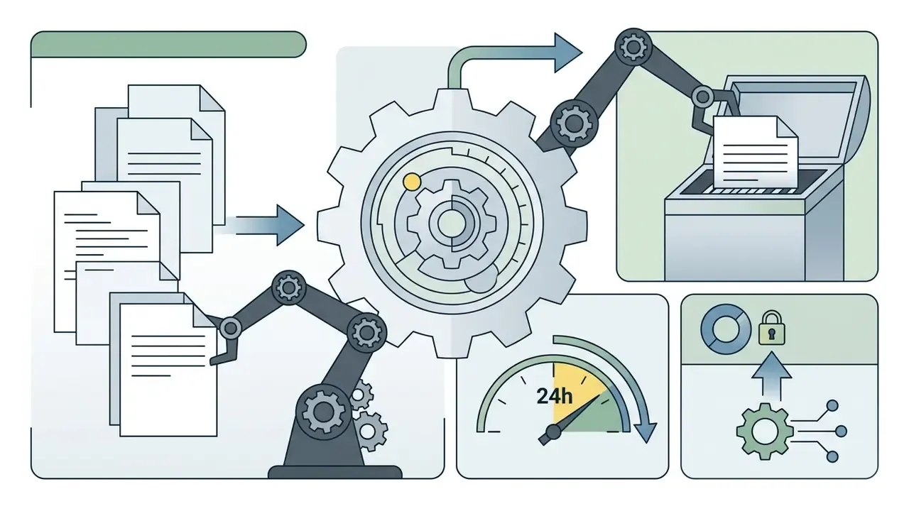 Robotic arm placing papers into a shredder next to a gear mechanism and a twenty four hour timer icon