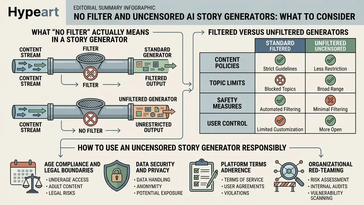 Comparison of filtered and unfiltered AI generators alongside key considerations for responsible usage