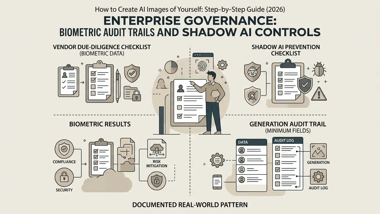 Infographic outlining checklists for biometric vendor due diligence, shadow AI prevention, and audit logs