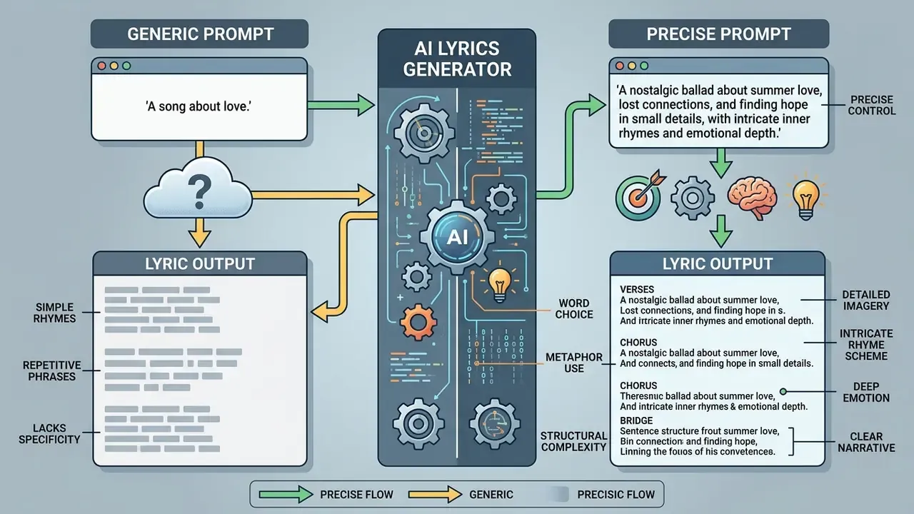 Comparison flowchart showing how generic versus precise prompts influence the quality of generated song lyrics