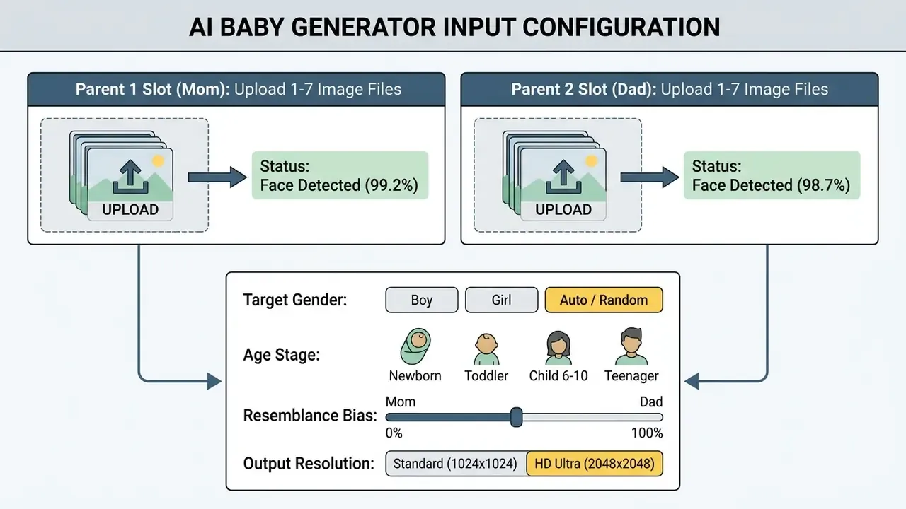Interface for an AI baby generator showing parent photo upload slots and customizable output settings