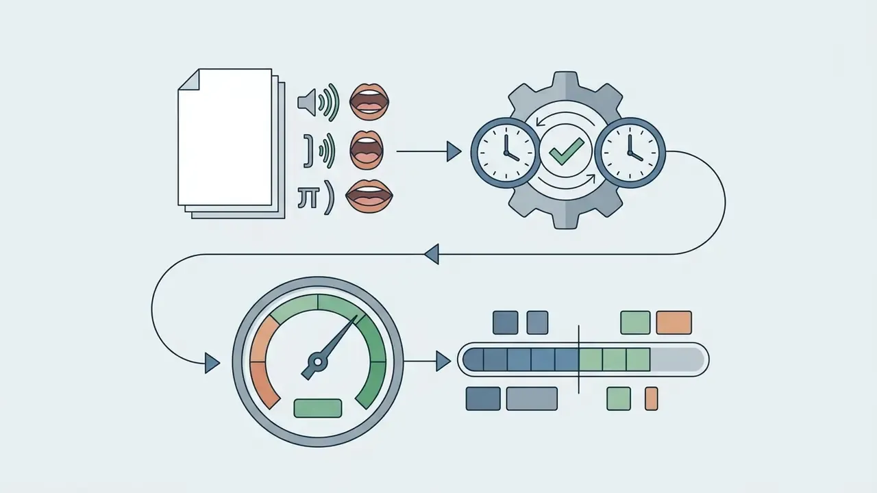 Documents and phonetic symbols processed by a gear mechanism into a gauge and synchronized audio blocks