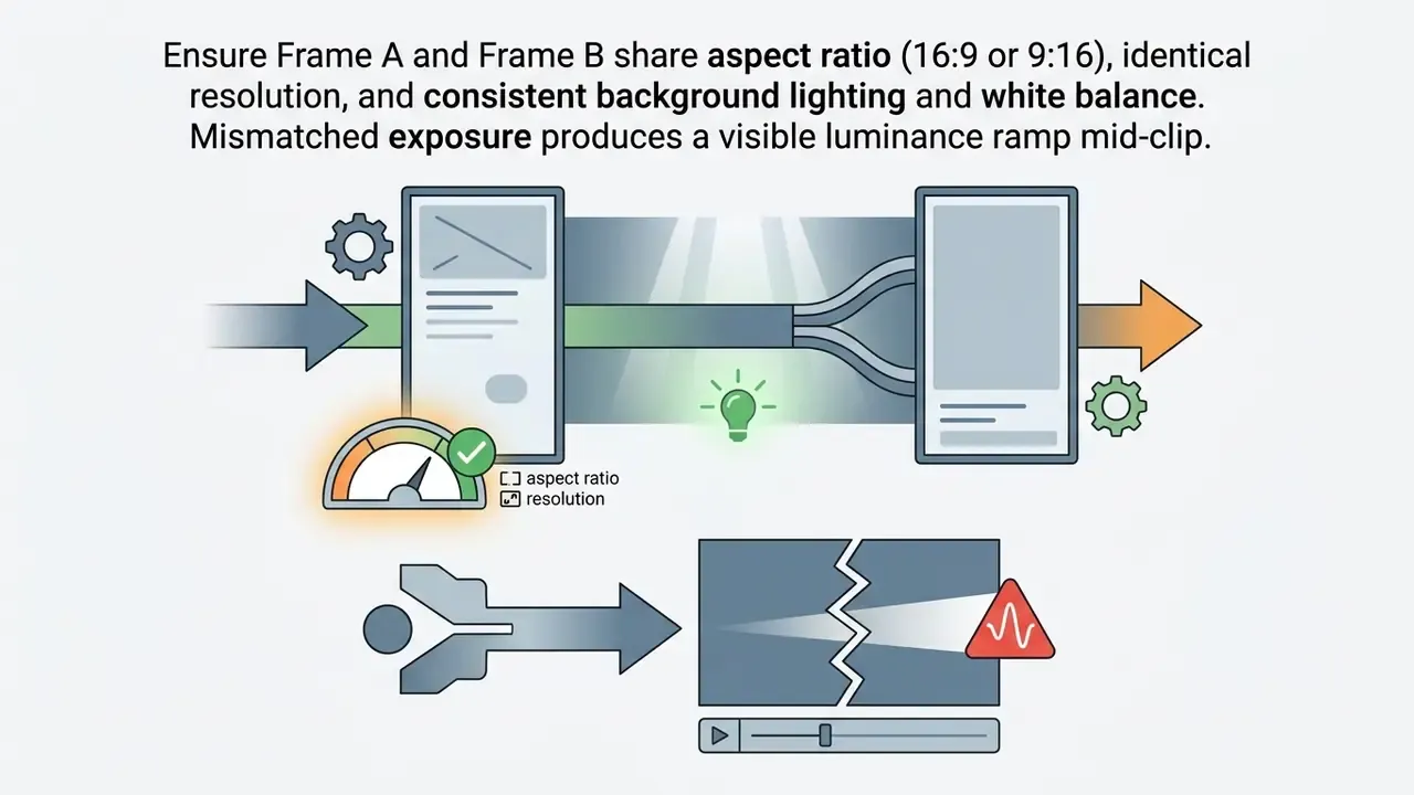 Two frames connected by a light beam showing consistent settings versus a broken clip with exposure issues