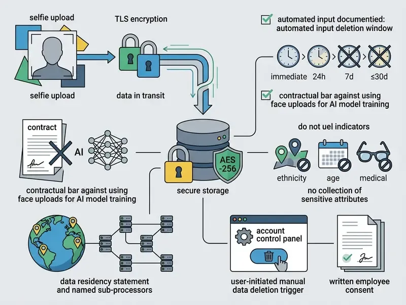 Diagram illustrating data privacy protocols including encryption, deletion timelines, and user controls