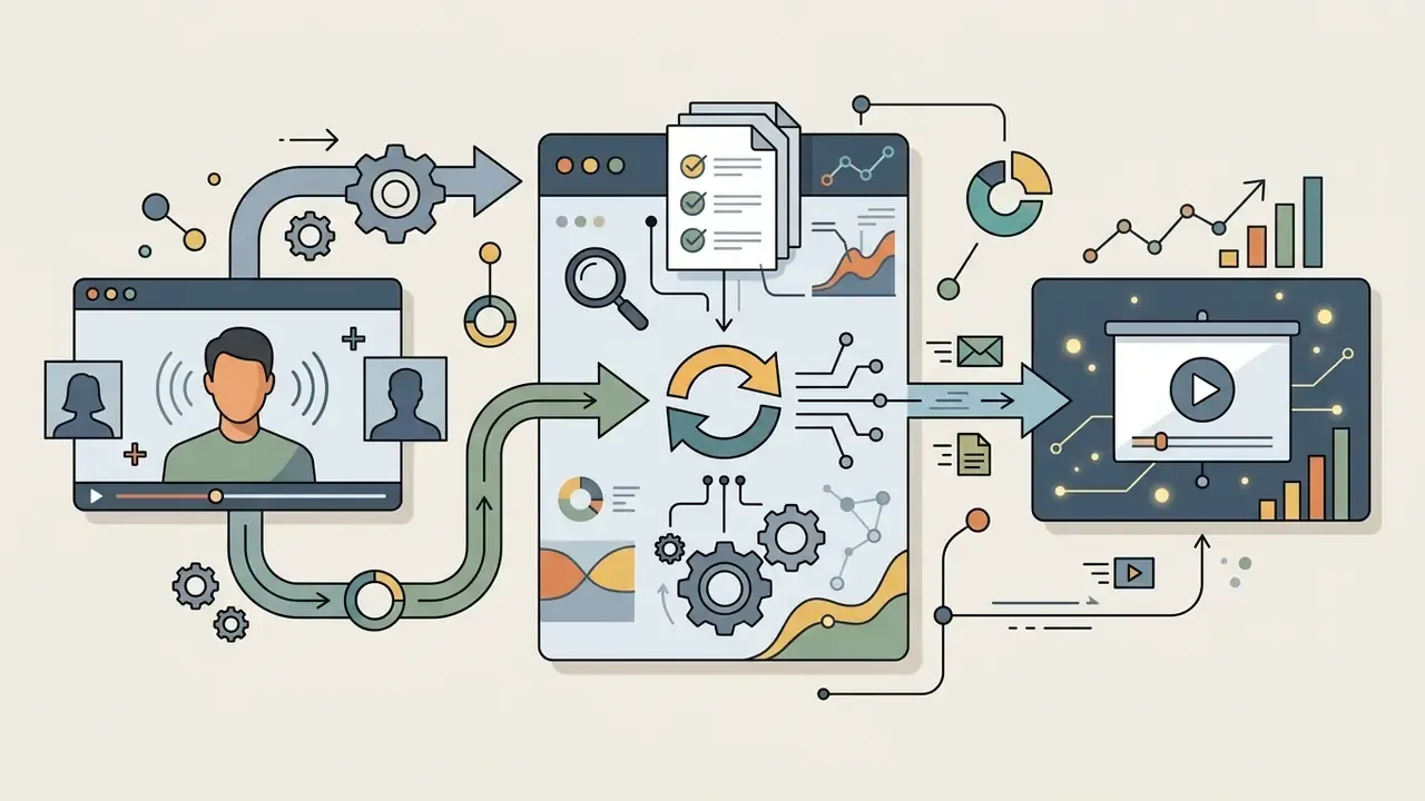 Process showing video conference input being processed by AI tools to create corporate training content