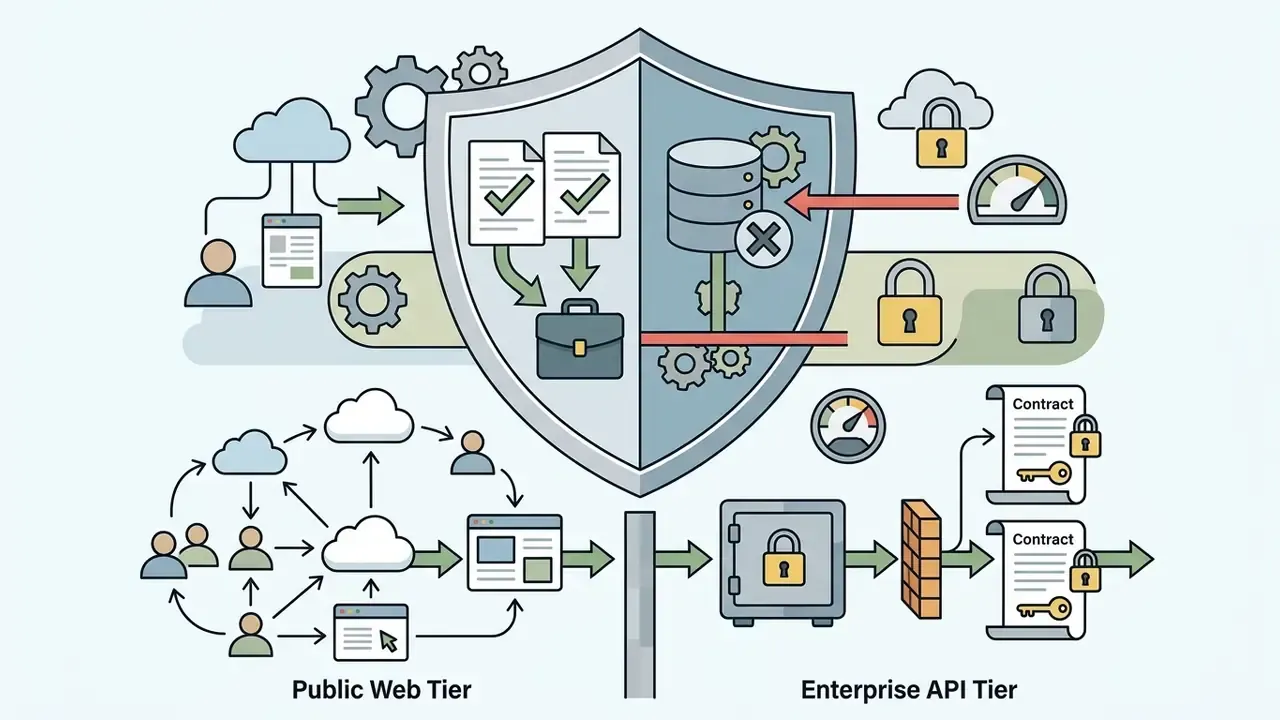 Shield icon separating public web cloud data from secured enterprise API contracts and storage