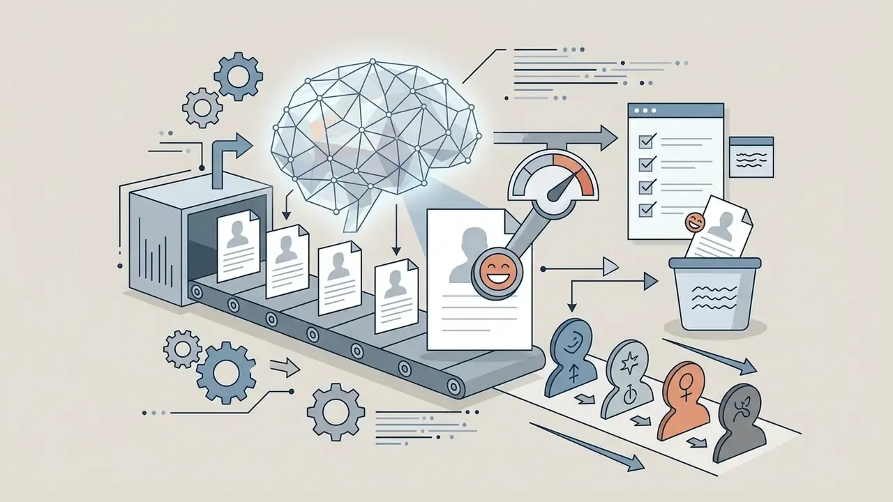 Conveyor belt moving profile documents past a digital brain toward a gauge and a trash bin