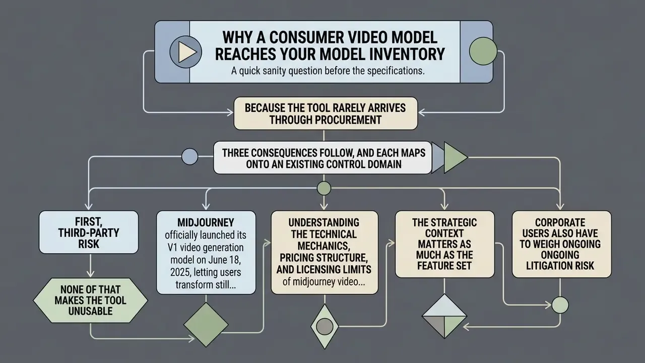 Flowchart outlining the risks and considerations of adopting Midjourney video generation in a corporate environment