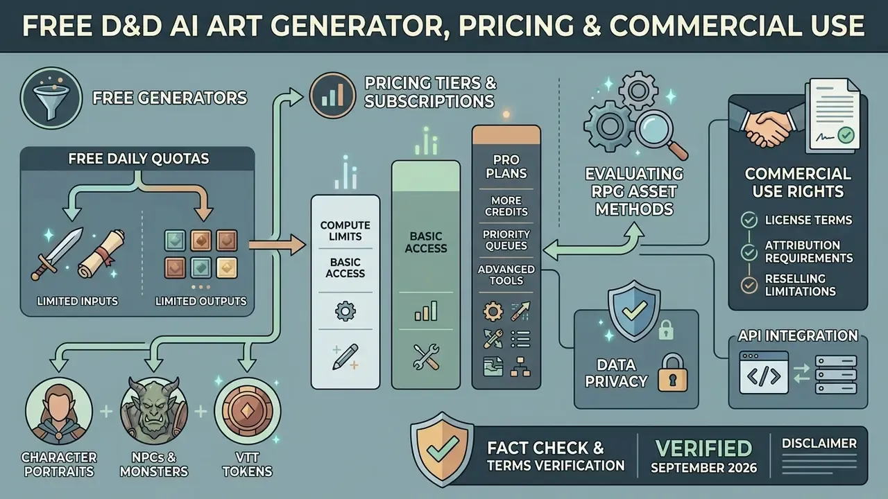Diagram comparing subscription tiers, compute limits, commercial rights, and data privacy for RPG tools