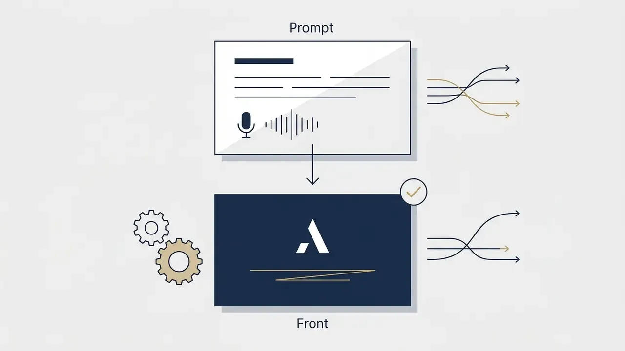 Text prompt box with voice icon feeding into a navy business card design with gears and output arrows