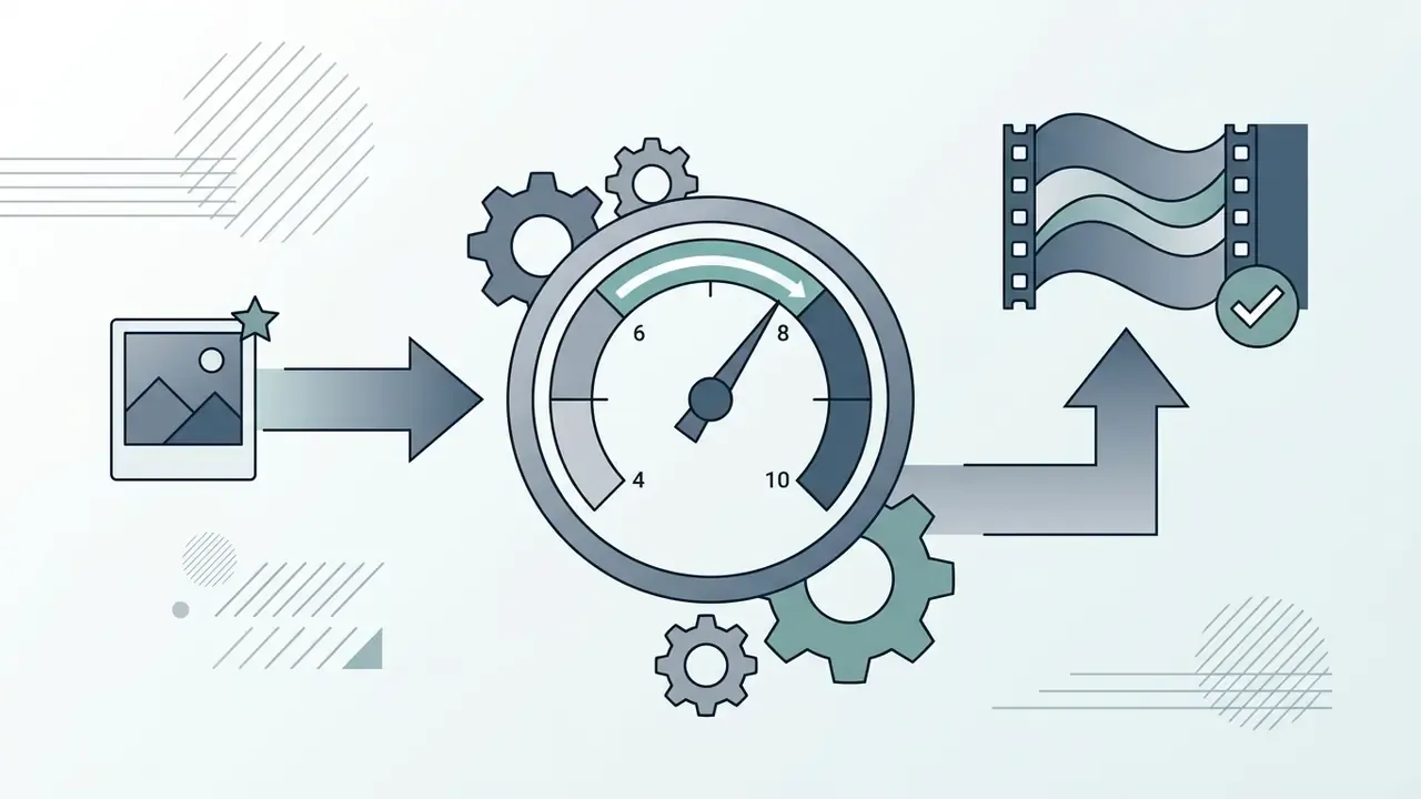 Still image moving through a gear-driven gauge into a finished film strip sequence with a checkmark