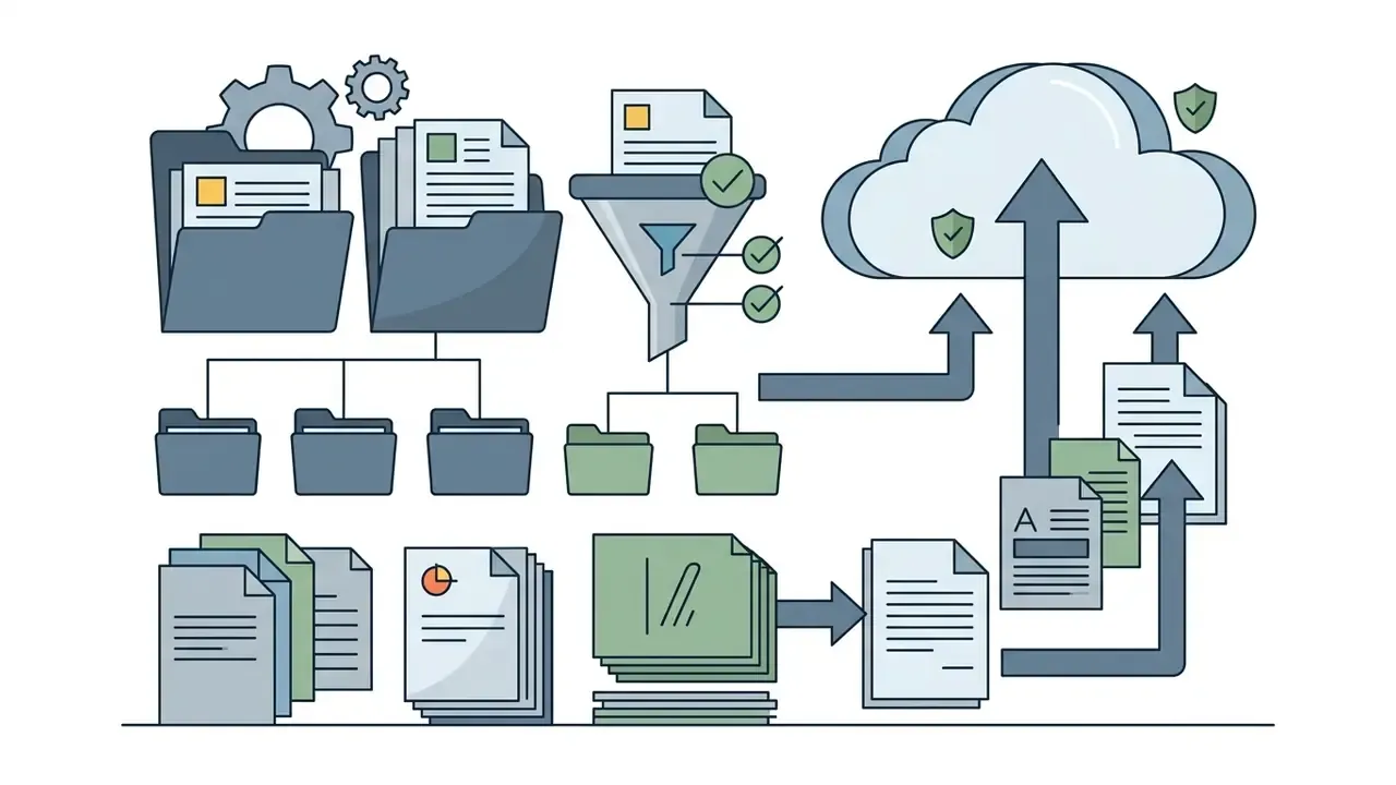 Icons showing file folders, a data filter funnel, and documents uploading to a secure cloud storage system