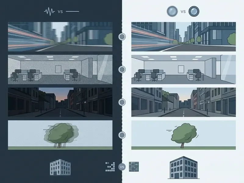 Split screen comparing blurry raw footage on the left with clear enhanced video results on the right