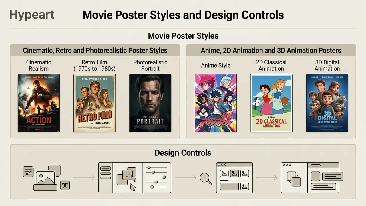 Infographic displaying various cinematic and animated movie poster styles alongside design control icons
