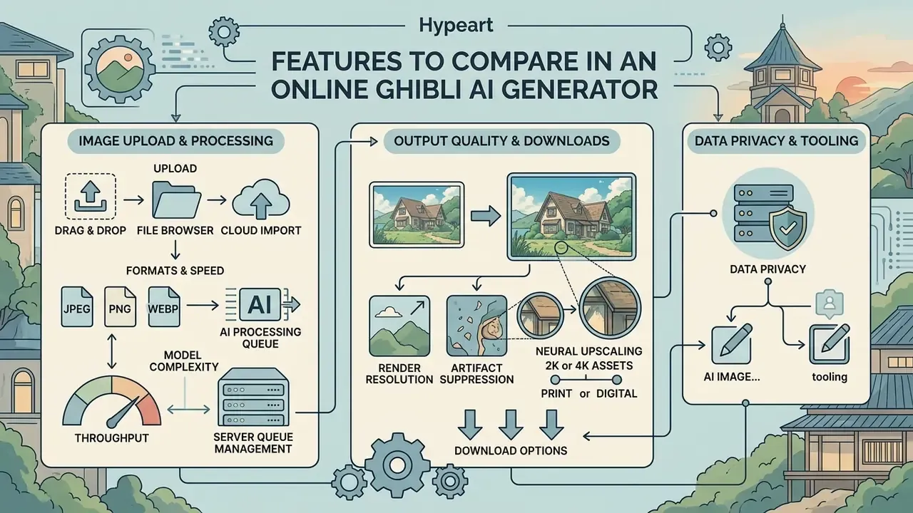 Infographic showing technical criteria for an online Ghibli AI generator including upload and privacy