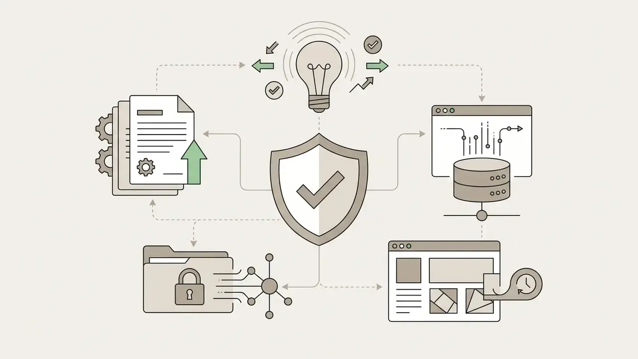 Central shield icon connecting a lightbulb, document, database, and folder to represent legal protection