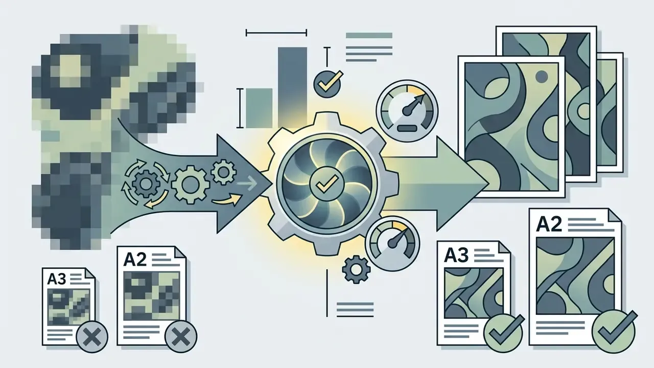 Pixelated source image passing through a gear mechanism to produce high resolution A3 and A2 print files