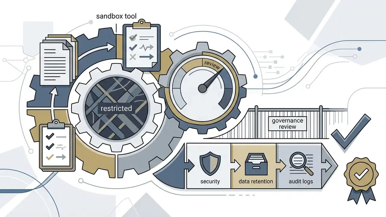 Interlocking gears and documents representing a restricted sandbox review process for security and compliance