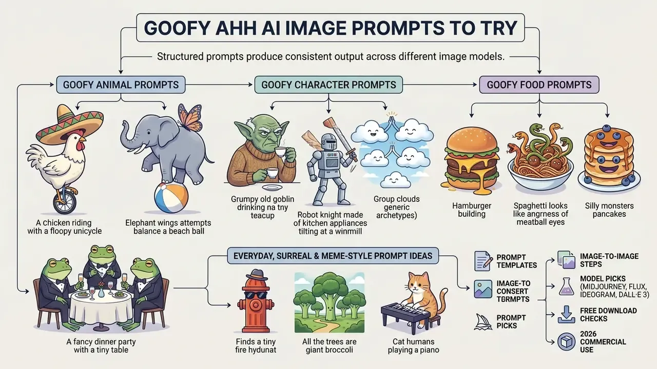 Infographic showing categorized goofy ahh AI image prompt examples for animals, characters, and food