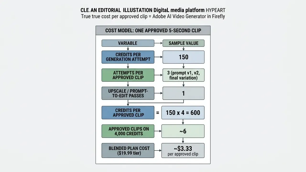 Table calculating the credit and financial cost of producing a single five-second generative video clip