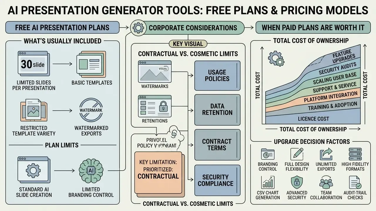 Infographic summarizing free AI presentation generator plans, corporate contract considerations, and costs