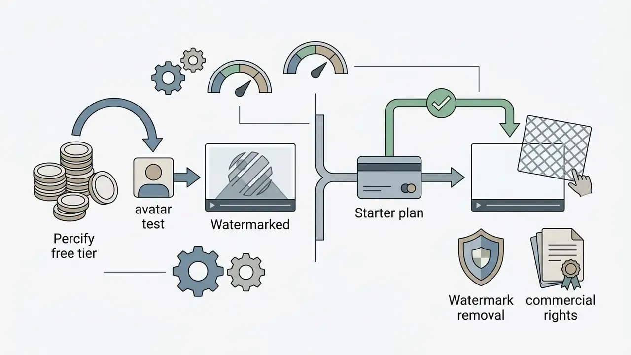 Flowchart showing free credits for watermarked avatar testing transitioning to a paid Starter plan