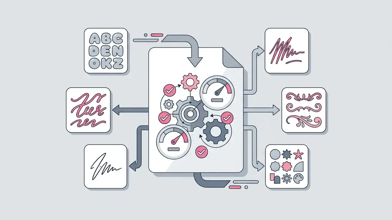 Document icon with gears and gauges connecting various bubbly and script typography style icons