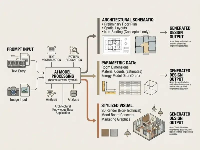 Flowchart showing how input data is processed into three distinct categories of architectural outputs