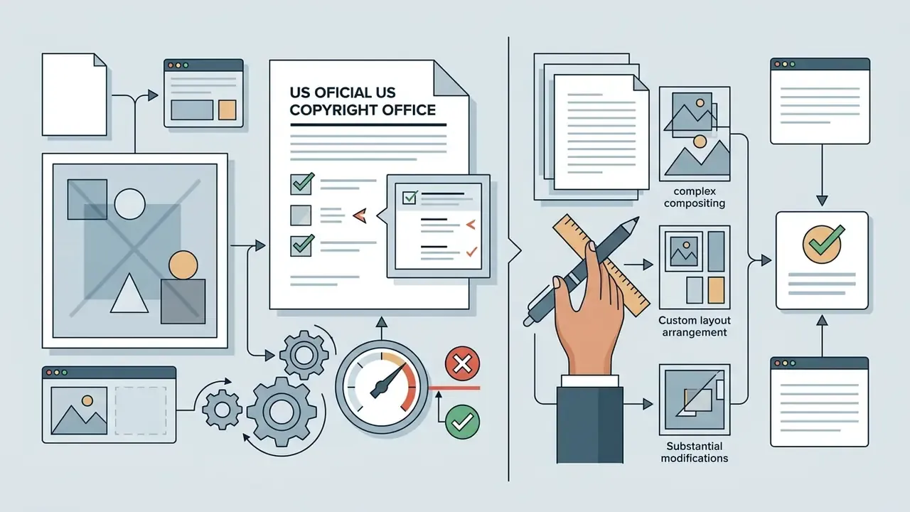 Visual workflow showing copyright registration steps for manual AI image editing and human authorship