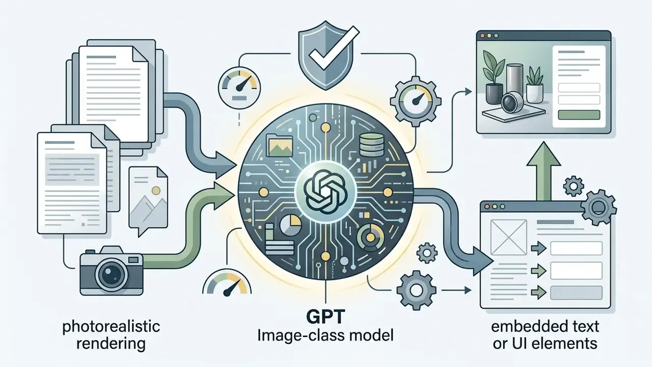 Documents and camera inputs feeding into a GPT model to render UI elements and photorealistic images