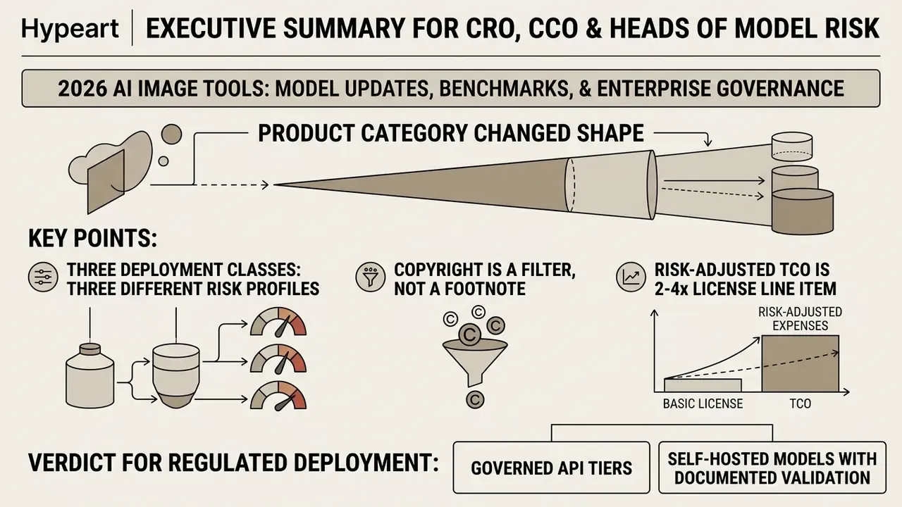 Infographic showing how AI image tools evolve through deployment classes, copyright filters, and TCO risks