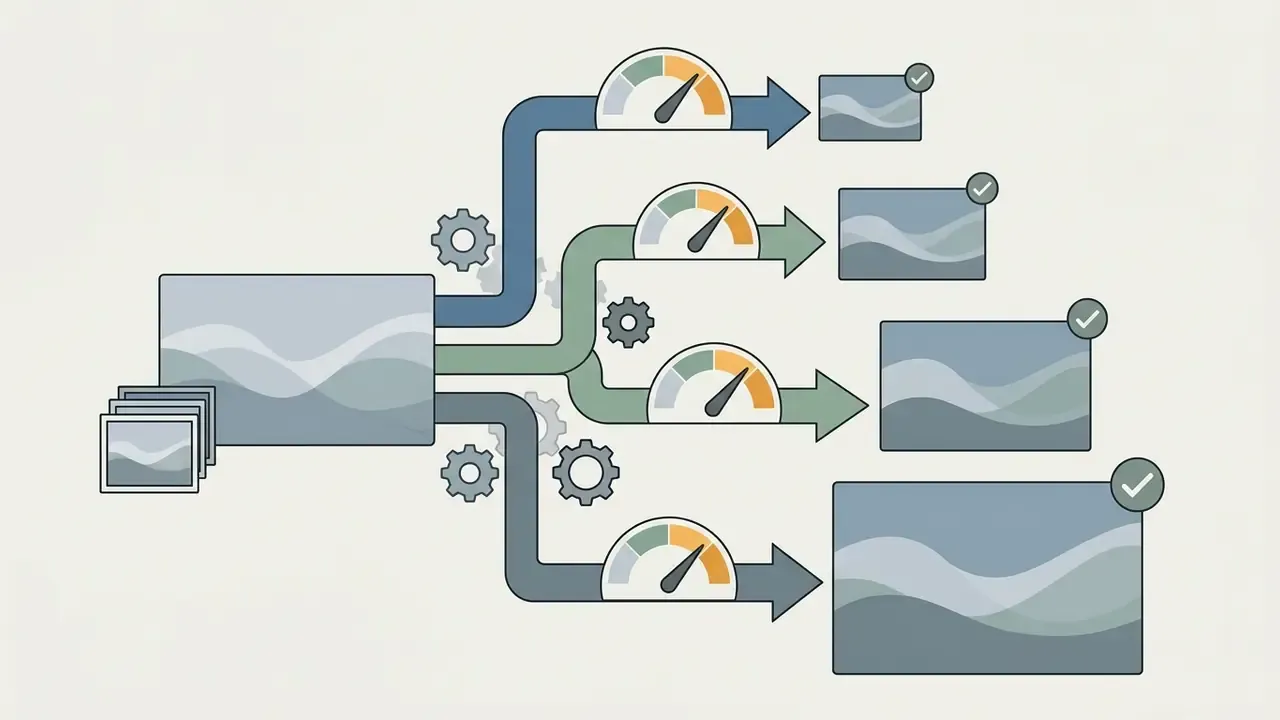A single source video splitting into four different output sizes with speed gauges and gear icons