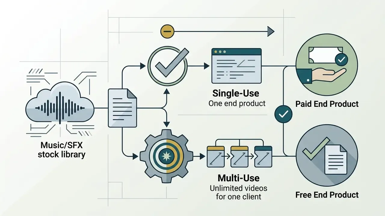 Cloud library icon branching into single and multi-use license paths for paid and free end products