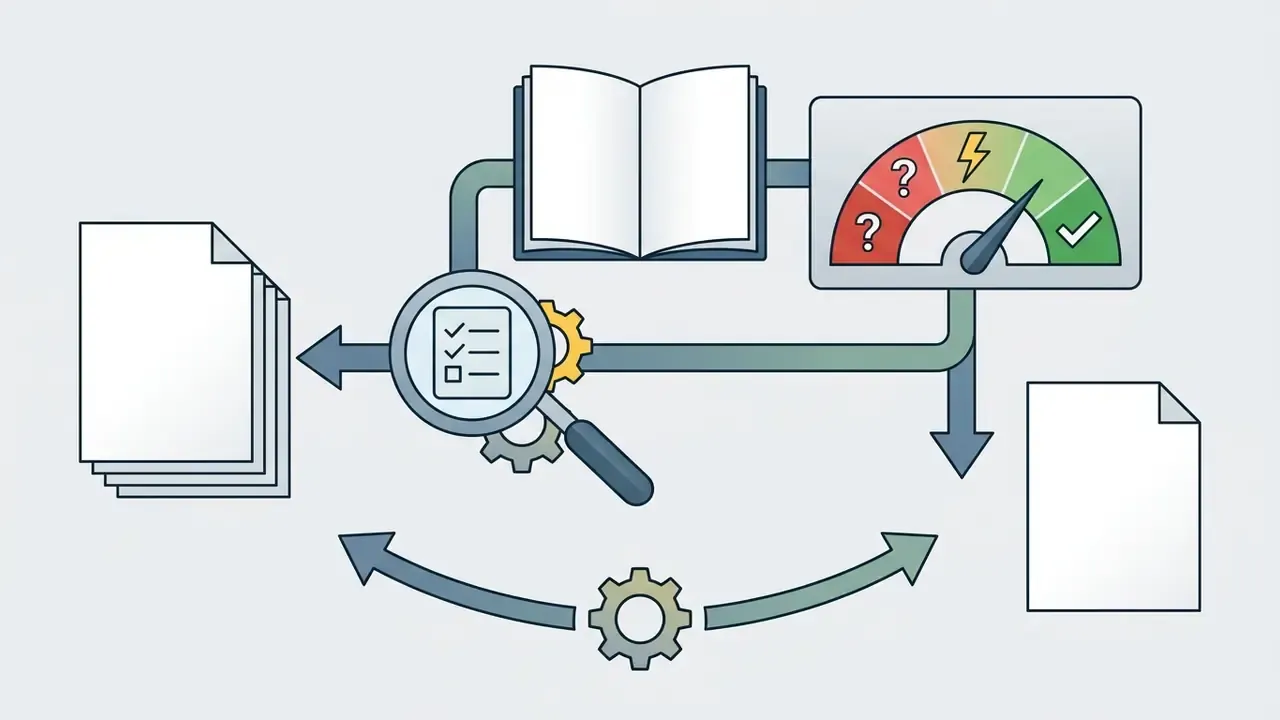 Open book and gauge feeding into a magnifying glass and checklist to process document pages