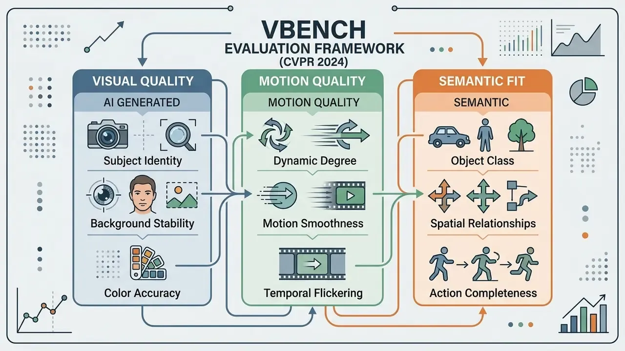 Diagram showing the VBench evaluation framework with categories for visual quality, motion, and semantics
