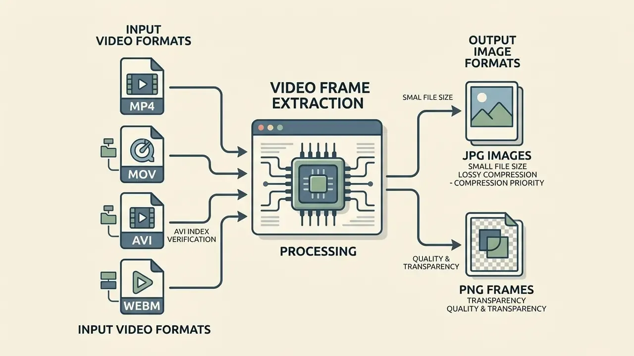 Diagram showing MP4, MOV, AVI, and WEBM files being processed into JPG or PNG image outputs