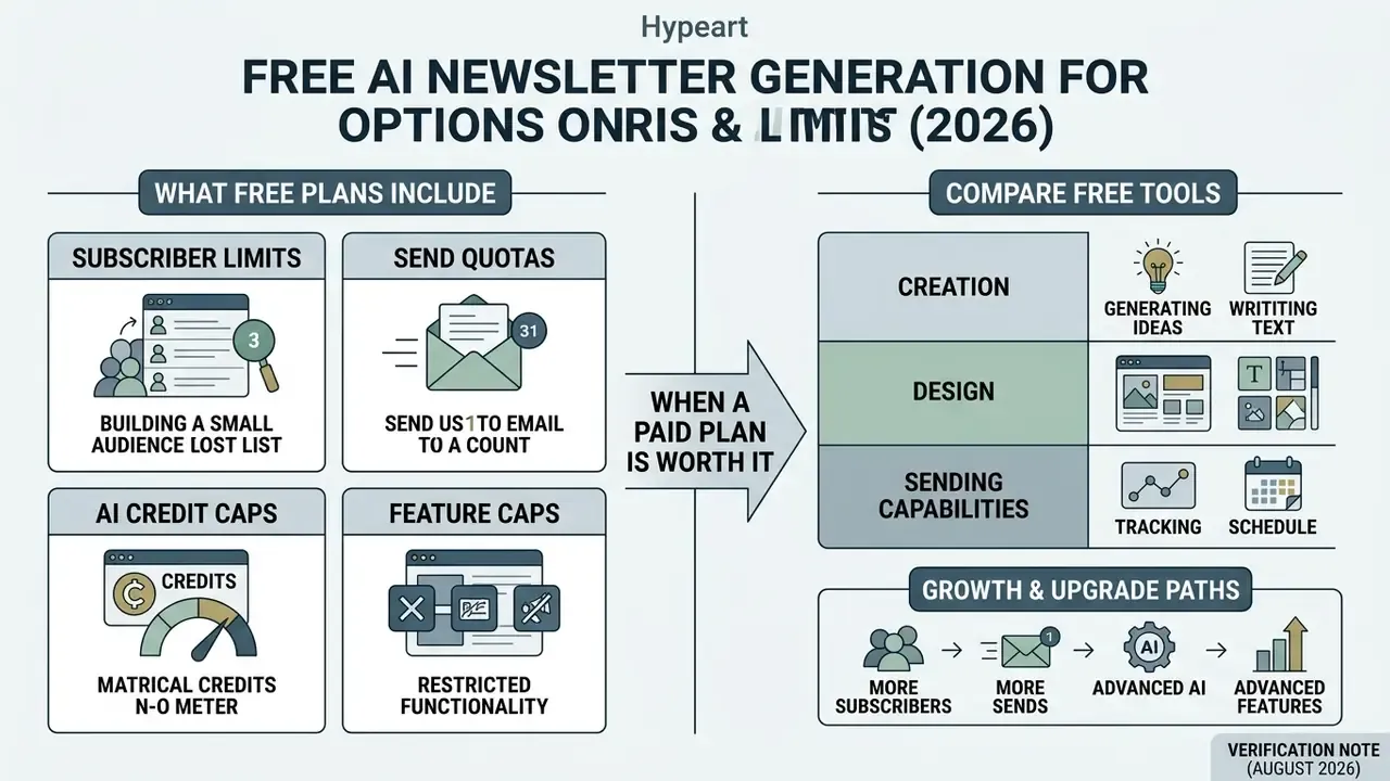 Layout showing free plan limitations alongside a comparison of creation, design, and sending capabilities
