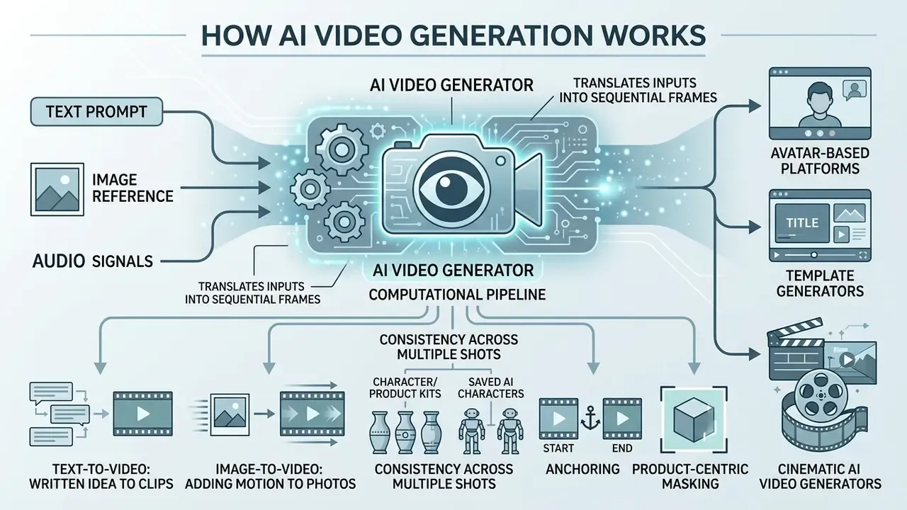Infographic showing how inputs like text and images are processed into AI video through a central pipeline