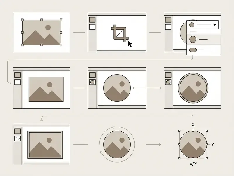 Sequence of diagrams showing how to crop and mask an image into a circle shape using software tools